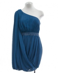 Aqua Dark Teal Chiffon One Shoulder Draped Cocktail Dress