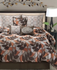 An eclectic mosaic design with simple leaf accents captures the essence of modern charm in this jacquard woven Arcadia comforter set. Shams, bedskirt and three decorative pillows all in a warm palette of orange, brown and gray tie together this contemporary look inspired by nature.