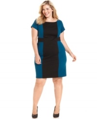 A slimming colorblocked pattern elegantly defines AGB's short sleeve plus size dress-- it's a must-have for your fall wardrobe!