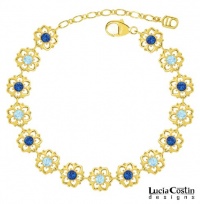 European Style 24K Yellow Gold Plated over .925 Sterling Silver Bracelet by Lucia Costin with Light Blue and Blue Swarovski Crystals, Set with Flowers and Fancy Dots