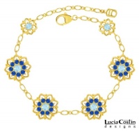 European Style 24K Yellow Gold Plated over .925 Sterling Silver Bracelet by Lucia Costin with Light Blue and Blue Swarovski Crystals, Set with Flowers and Fancy Dots