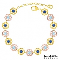 European Style 24K Yellow and Pink Gold Plated over .925 Sterling Silver Bracelet by Lucia Costin with Light Blue and Blue Swarovski Crystals, Set with Flowers and Fancy Dots