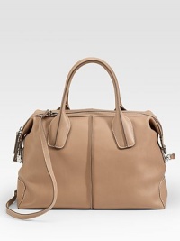 A timeless satchel done in polished leather with contrast piping, features top handles and a shoulder strap for carrying versatility.Double top handles, 6 drop Adjustable shoulder strap, 12-15 drop Top zip closure Protective metal feet One inside zip pocket Cotton canvas lining 18W X 11H X 8D Made in Italy