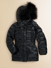 This sleek nylon puffer with fabulous fur trim will surely keep out the chills.Snap-off hood with fur trimStand collarQuilted alloverConcealed zip and snap frontLong sleeves with rib-knit cuffsFront slash and flap pocketsBelted waistFully linedShell: polyamideFill: goose downTrim: dyed Asiatic raccoon furDry cleanImportedFur origin: Finland Please note: Number of snaps may vary depending on size ordered. 