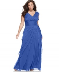 Make a lasting impression in Adrianna Papell's stunning plus size gown with a flattering banded waist and delicate tiers throughout.