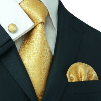 Landisun 28C Gold Yellow Floral Pattern Mens Silk Tie Set: Tie+Hanky+Cufflinks