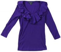 Lauren Ralph Lauren Women's 3/4 Sleeve Ribbed Ruffle V-neck Shirt (Classic Purple) (Small)