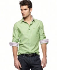 Roll up in style. The contrast cuffs on this shirt from Armani Jeans raise the bar for style.