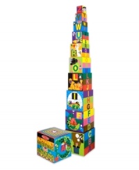 Brightly colored animals and familiar objects illustrate the letters of the alphabet on these cardboard blocks. Nested, the ten vibrant blocks fit into the included carrying case. Stacked, they form a tower nearly three feet high!