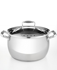 Simple, one-step straining. This pot's beautiful bell-shaped body, made of durable stainless steel, enhances heat and moisture circulation for extraordinary results. When ready to serve, simply tip and drain through the handy holes built into the locking lid. Limited lifetime warranty. (Clearance)