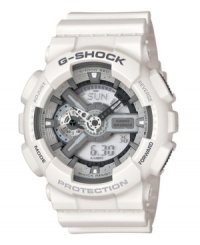 One look and you can see this deconstructed G-Shock watch isn't playing around. White resin strap and round case. Shock-resistant, magnetic-resistant, analog-digital dial features auto LED illuminator, world time, four alarms, stopwatch with velocity indicator, countdown timer and 12/24-hour formats. Quartz movement. Water resistant 200 meters. One-year limited warranty.