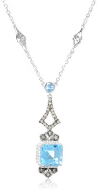 Badgley Mischka Fine Jewelry Cushion Cut Blue Topaz, White and Champagne Colored Diamonds Drop Pendant Necklace, 18