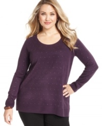 Let your look shine with Debbie Morgan's plus size sweater, accented by an embellished front.