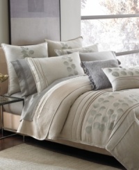 A Japanese-inspired foliage motif wends peacefully along the Platinum Zen duvet, accented by stylish cording at the edges and a soft natural hue.