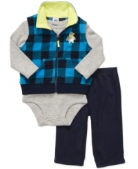 Carter's matching set comes ready with a dashing buffalo check vest for easy, no-fuss dressing.