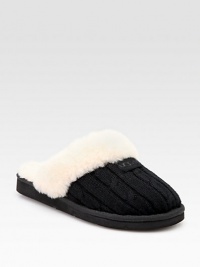 Warm and comfy wool design with shearling lining. Wool knit upper Shearling lining Padded insole Rubber sole ImportedOUR FIT MODEL RECOMMENDS ordering true whole size; ½ sizes should order the next whole size up. 