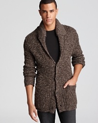 Modeled after those vintage sit-by-the-fire sweaters, this stylish shawl collar cardigan pulls the string for a truly modern look, the perfect layer when you're headed out with friends or, well, sitting by the fire.