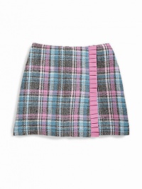 THE LOOKBack zip closure with elastic sides Mock wrap style Plaid design Pleated ribbon trim A-line silhouette Fully linedTHE MATERIAL60% wool/40% viscoseCARE & ORIGINDry clean Imported