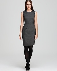 Faux-leather embellishment injects a classic Calvin Klein sheath dress with sophisticated edge. Elevate the silhouette with sheer tights and sleek heels for a thoroughly modern look.