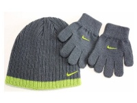 Nike Kids Boy's 4/7 Beanie Hat & Gloves Set (Dark Grey/Bright Green)