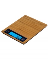 Get your weigh. An eco-friendly bamboo scale makes cooking and baking an exact science, converting between pounds and grams for precision in the kitchen. Portion your meals and make the most of each ingredient with the easy-to-use add and tare features.