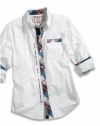 GUESS Kids Boys Big Boy Roll-Up Sleeve Plaid-Trim Shirt, WHITE (12/14)