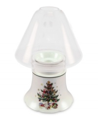 Nothing says cheer like a Happy Holidays candle holder. Nikko sets a very merry scene in white ironstone with a festively decked tree, colorful stars and a simple glass chimney. Holds small standard tea light.