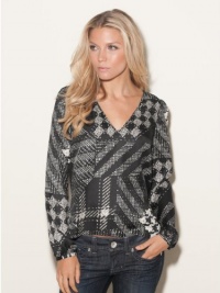 GUESS Gemma Houndstooth Top, JET BLACK/PORCELAIN MULTI (MEDIUM)