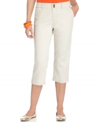 Double up with double buttons and a chic, straight cut from Style&co. These twill capris also feature tummy control for an extra-smooth silhouette!