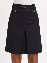 Nautical chic defined in a stretch wool twill A-line style with a braided belt and anchor-embossed button pockets.Wide waistband with belt loops Braided buckle belt Inverted center front pleat Back zipper About 20 long 95% wool/5% spandex; dry clean Imported