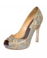 So lacy and lovely. The Roxie platform pumps by Badgley Mischka are covered in silk satin with lacy fabric piping detail. Perfect for your most feminine looks.