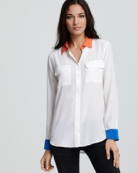 This beyond-cool silk Equipment shirt boasts bold color blocking for of-the-moment chic. Team with jeans or LBPs and take the style through your workday with ease.