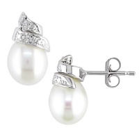 6.5-7mm Freshwater Pearl and Diamond Accent Earrings in 14k White Gold, GHI, I1-I2