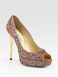 Multicolored glitter amplifies this party-ready silhouette with a timeless peep toe and lacquered heel. Lacquered heel, 3½ (90mm)Glitter-covered platform, 1 (25mm)Compares to a 2½ heel (65mm)Glitter-coated fabric upperPeep toeLeather lining and solePadded insoleMade in Italy