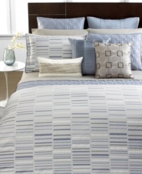 Expect the unexpected with this Gradient comforter from Hotel Collection, featuring a rectangle pattern that disperses as it moves up from the foot of the bed. Soft silver, platinum and charcoal hues are accented with shades of blue. Wrinkle-resistant finish.