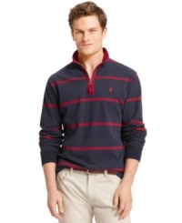 Warm up the fall with this striped and sueded quarter-zip shirt from Izod, an excellent choice for fall barbecues and trips to the shore.