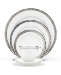 The unparalleled style of Noritake china has been gracefully setting tables for more than ninety years. The formal place settings from Crestwood Platinum's collection of dinnerware and dishes feature crisp white china embellished with a shimmering border of interlocking scrolled leaves and an edge of polished platinum.