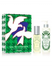 The flight of the Eau de Campagne doves is enhanced by the red contours and the intensity of the green and purple background. Around the box, a green and white decoration for more modernism and character. Masculine and intense, the Eau de Campagne gift box takes on a graphic decoration. Set includes: Eau de Campagne, 3.4 oz. and an Eau de Campagne Bath & Shower Gel, 8.4 oz. Made in France. 