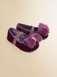 Baby's first Mary Janes are crafted in plush velvet with furry bow and elastic strap for easy on and off.Elastic strap across the vampVelvet upperSatin liningSynthetic suede solePadded insoleImported