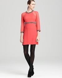 Beautiful silver beads enliven this coral-colored French Connection dress, crafted from pure silk with flattering three-quarter sleeves.