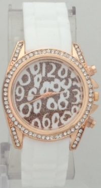 Mark Naimer Animal Trend Leopard Print Watch Rhinestone on Bezel Rose Gold Case N White Rubber Band