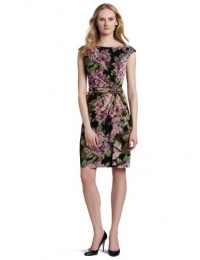 Jones New York Women's Floral Print Mesh Rosette Dress with Cascade Skirt