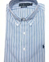 Ralph Lauren Mens The Classics Button-down Dress Shirt in Blue Stripes, Navy Blue Pony (CUSTOM FIT)