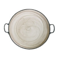 Recalling the distinctive look of Florentine alabaster, carefully mouth-blown glass is swirled with white details and finished with an iridescent glaze to form this striking serveware collection from Arte Italica. Made by hand in Italy, the platter is edged in ornate pewter beading and detailed with sturdy handles.