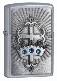 Zippo Street Chrome Crown and Cross Lighter with Blue Crystal, Silver, 5 1/2 x 3 1/2cm