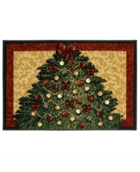 Accent your home with elegant decor this season--from the bottom up! A spirited Christmas tree adorns Shaw's beautiful holiday rug with a gold field and wine-hued border. Constructed of Shaw's unique recyclable nylon, it's the most eco-friendly way to enjoy the classic Christmas tree!