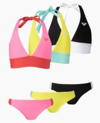 No halt to summer fun! This two-piece halter style swimsuit from Roxy will keep her covered and comfortable when she's in the sun and sand. (Clearance)