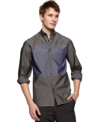 Get bold. Take your casual style to the next level with this color block woven shirt from Kenneth Cole Reaction.