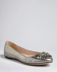 Vintage-effect metallic flats with beautiful, antique-style jeweled embellishments will make you shine, by Joan & David.