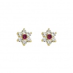 14K Yellow Gold Plated Red Flower CZ Stud Earrings with Screw-back for Children & Women